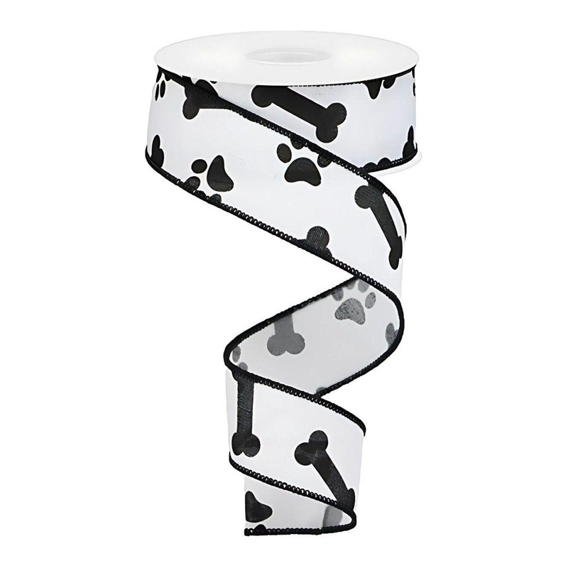 1.5″ Paw Print Royal Ribbon: White & Black (10 Yards)