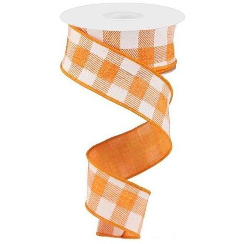 1.5″ Printed Plaid Check Ribbon: Orange & White (10 Yards)