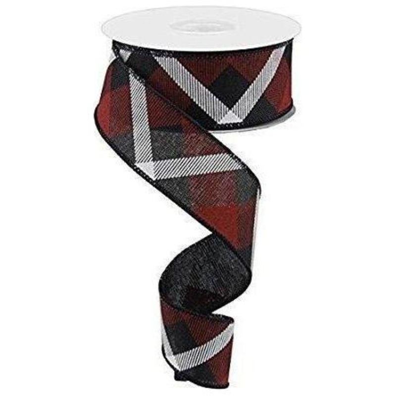 1.5″ Printed Plaid Ribbon: Black, Red, White