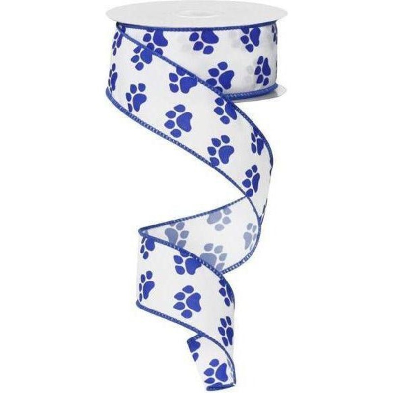 1.5″ Satin Paw Print Ribbon: Blue & White (10 Yards)