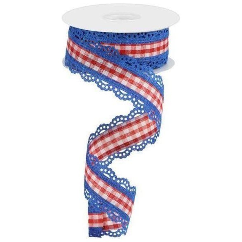 1.5″ Scalloped Edge Gingham Ribbon: Red, White & Blue (10 Yard)