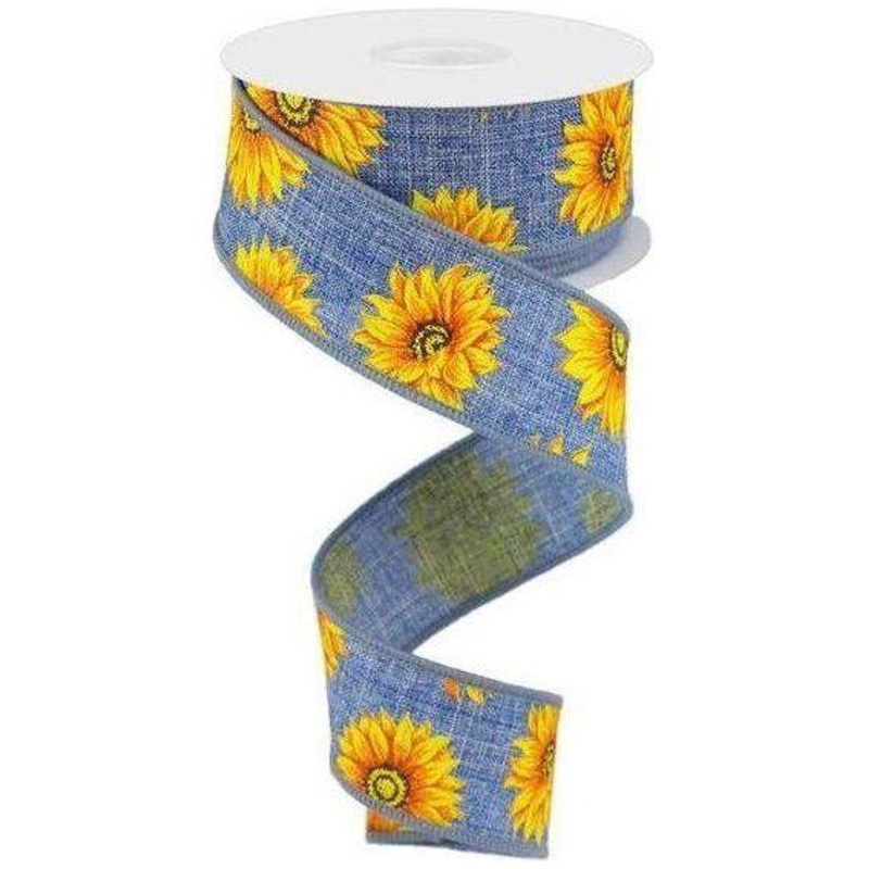 1.5″ Sunflower on Canvas Ribbon: Denim (10 Yards)