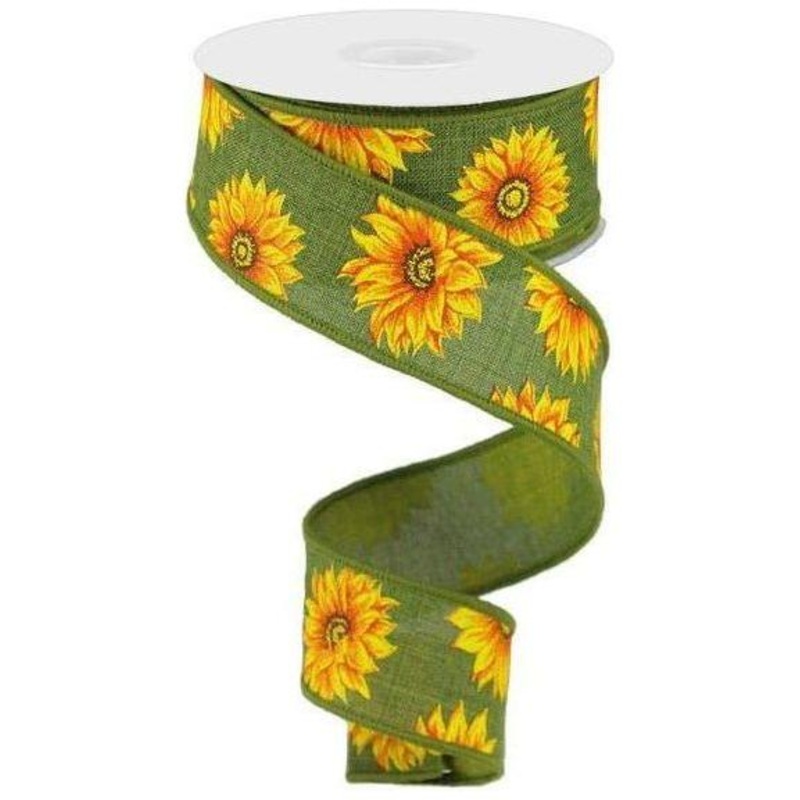 1.5″ Sunflower on Canvas Ribbon: Green (10 Yards)