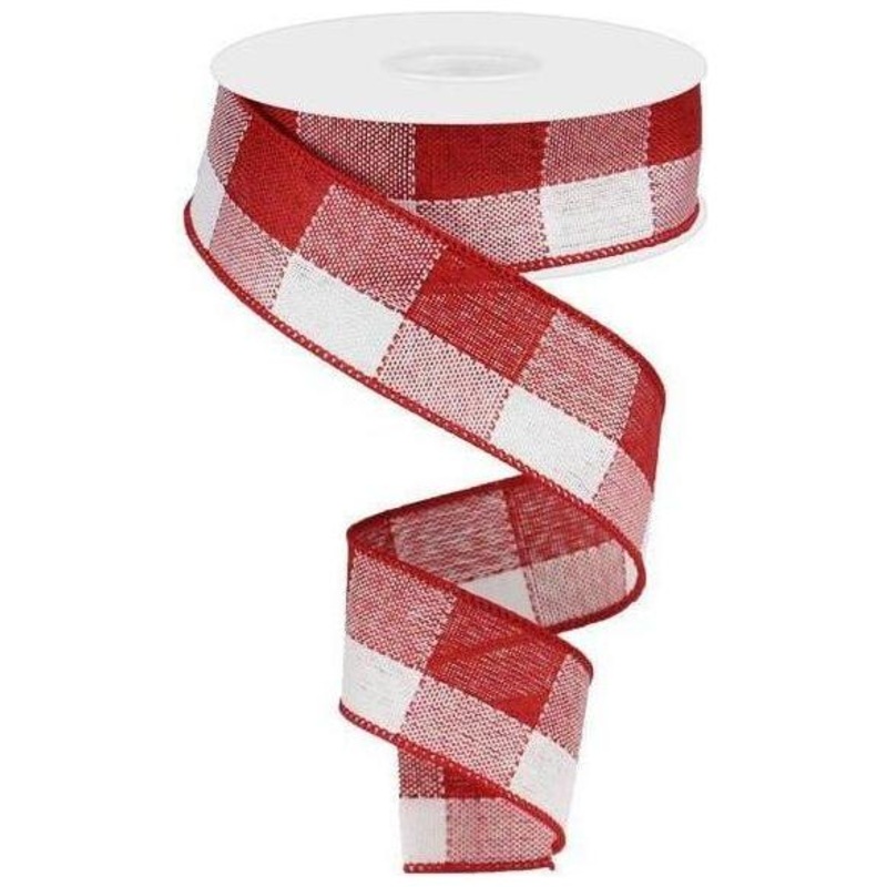 1.5″ Woven Check Ribbon: Red & White (10 Yards)