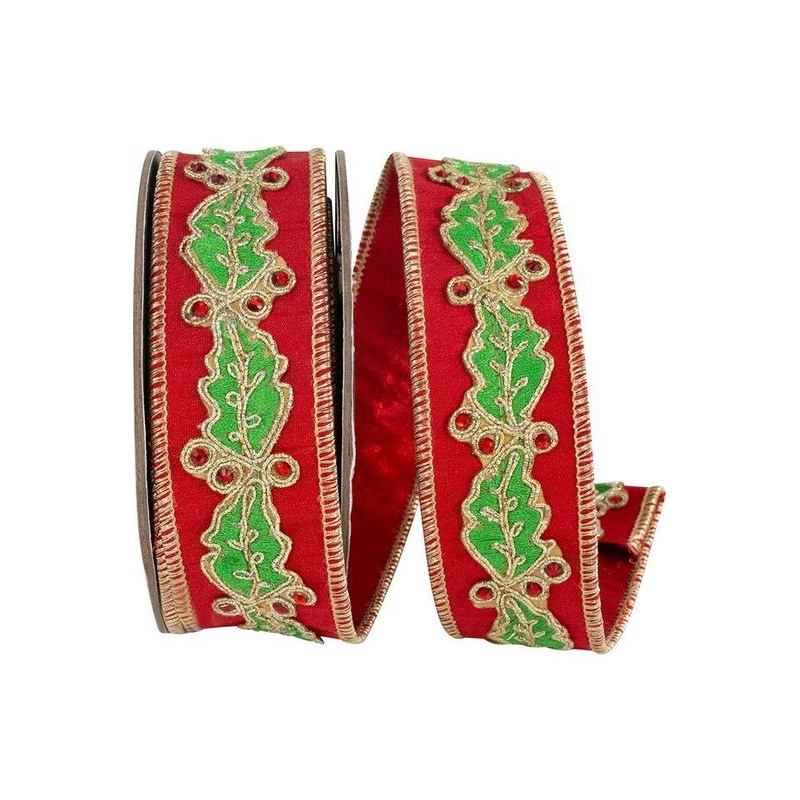 1.5in Holly Leaf Jewel Embroidery Ribbon: Red/Green (5 Yards)
