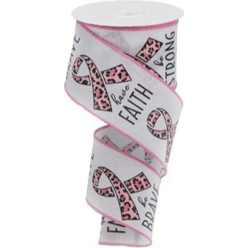 2.5″ Breast Cancer Leopard Ribbon: White (10 Yards)
