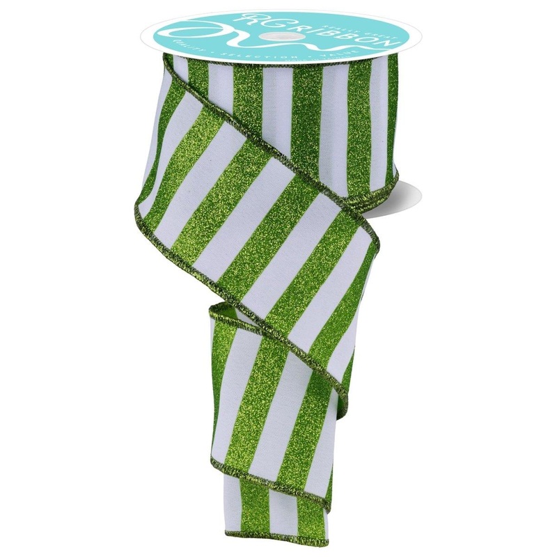 2.5″ Horizontal Glitter Stripes Ribbon: Lime & White (10 Yards)