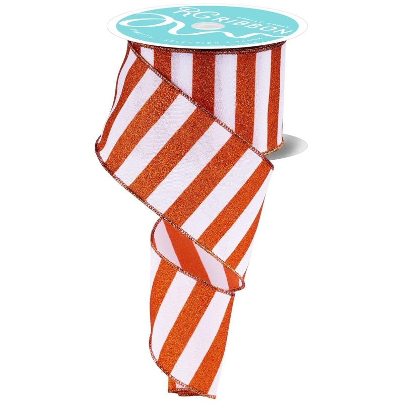 2.5″ Horizontal Glitter Stripes Ribbon: Orange & White (10 Yards)