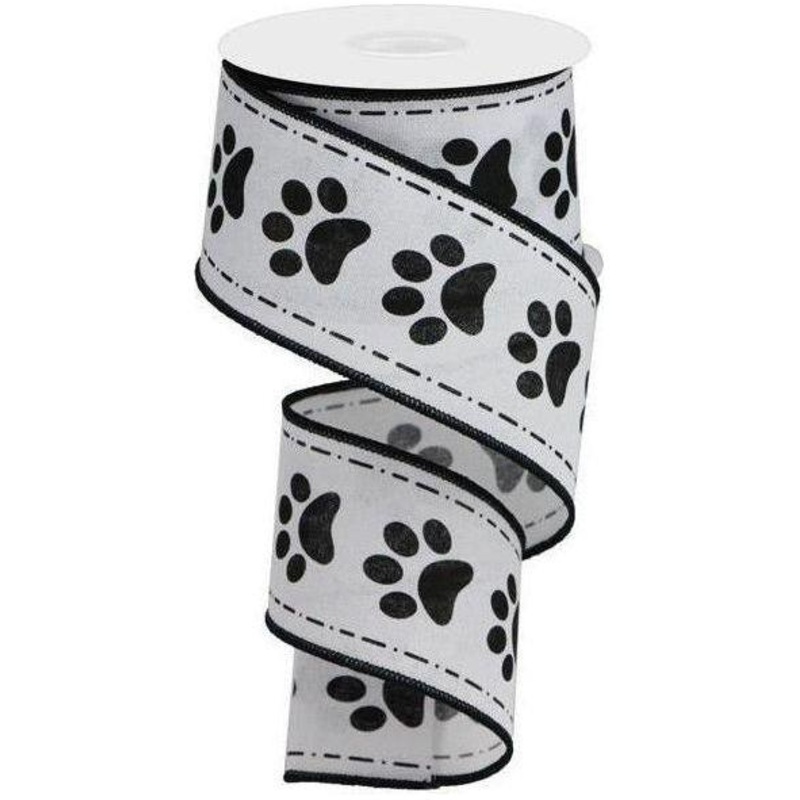 2.5″ Large Paw Print Royal Ribbon: White (10 Yards)