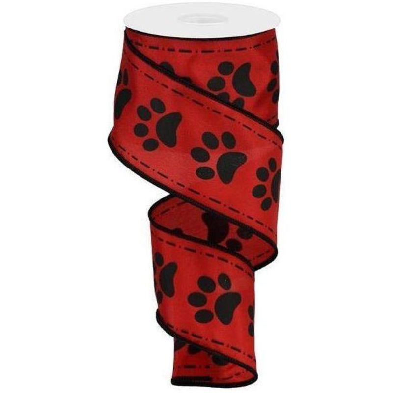 2.5″ Large Paw Print Satin Ribbon: Red (10 Yards)