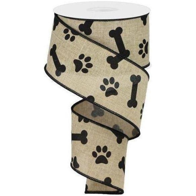 2.5″ Paw Print Royal Ribbon: Light Beige & Black (10 Yards)
