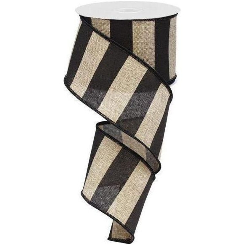 2.5″ Royal Canvas Wide Stripe Ribbon: Natural & Black (10 Yards)