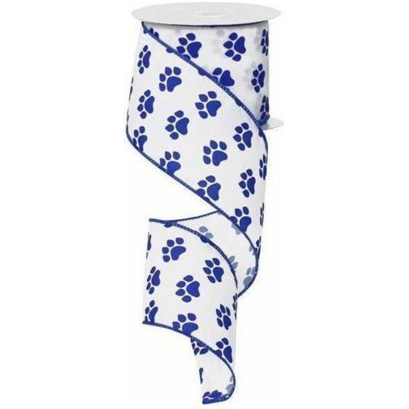 2.5″ Satin Paw Print Ribbon: Blue & White (10 Yards)