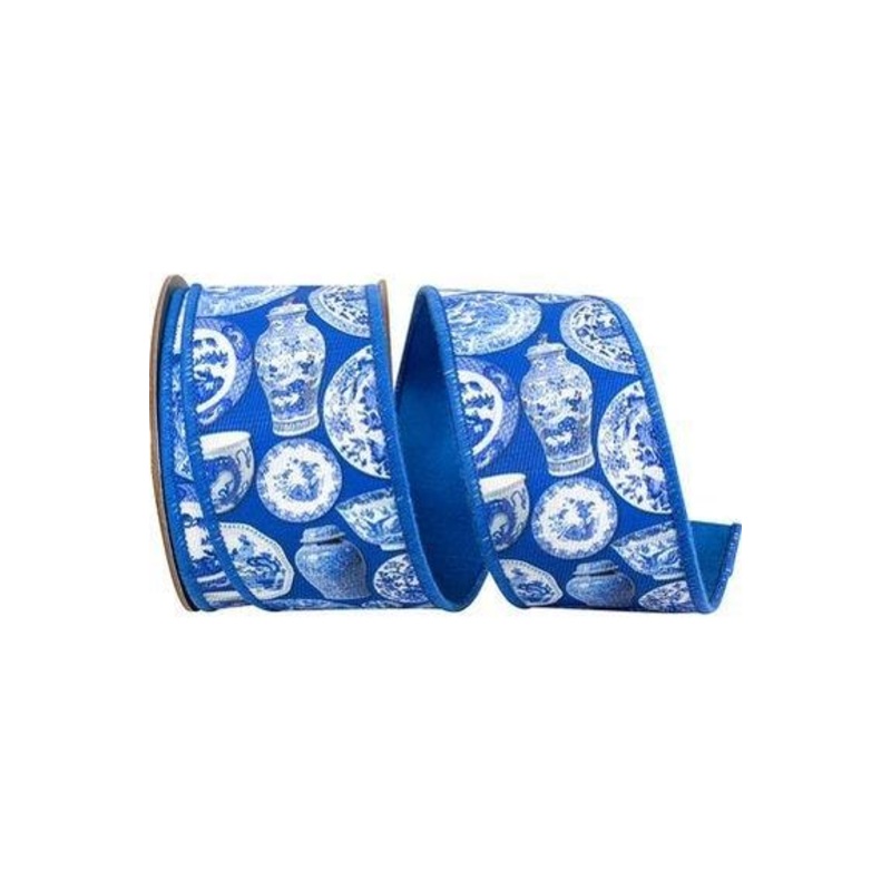 2.5in Terra Cotta Ceramics Chinoiserie Ribbon: Blue (10 Yards)