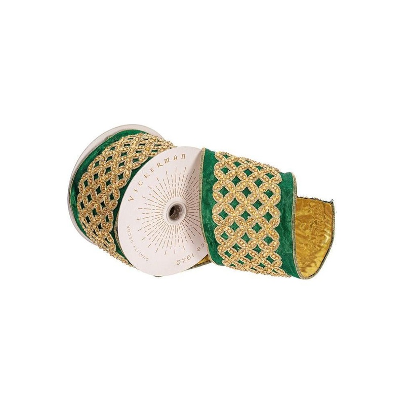 4 inch Jeweled Ribbon: Green/Gold (5 Yards)