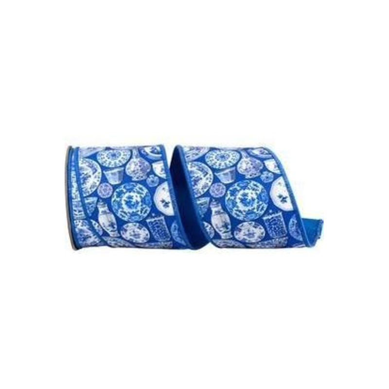 4in Terra Cotta Ceramics Chinoiserie Ribbon: Blue (10 Yards)