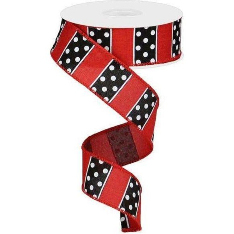 1.5″ B & W Polka Dot Stripes Ribbon: Red (10 Yards)
