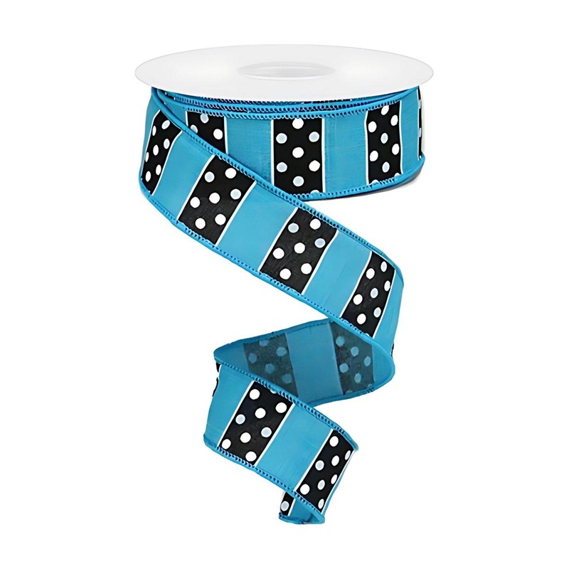 1.5″ B & W Polka Dot Stripes Ribbon: Turquoise (10 Yards)
