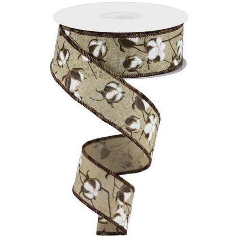 1.5″ Cotton Pod Ribbon: Brown & White (10 Yards)