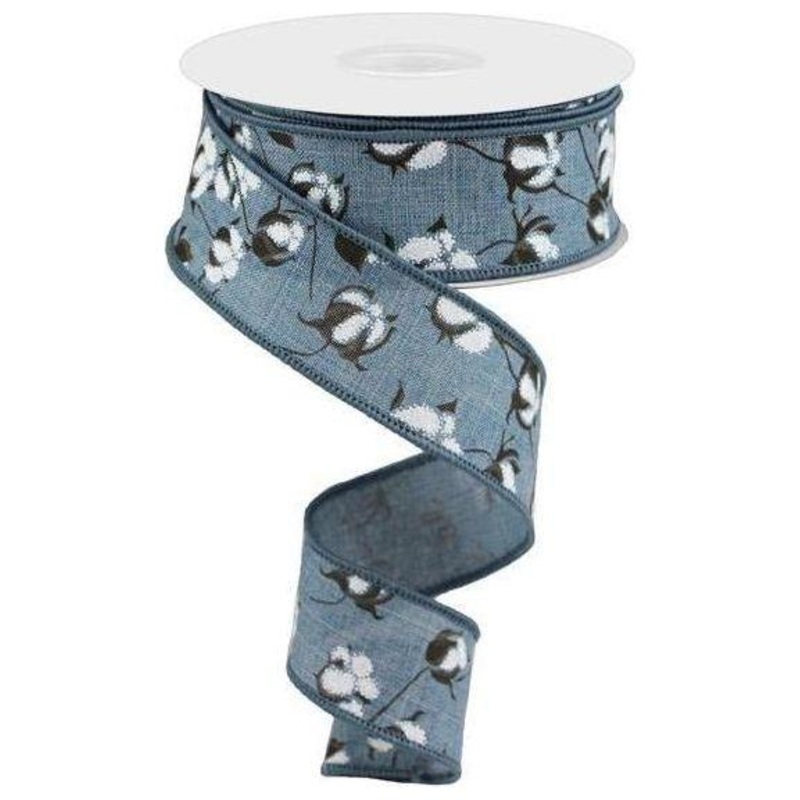 1.5″ Cotton Pod Ribbon: Faded Denim & White (10 Yards)