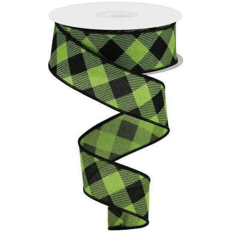 1.5″ Diagonal Check On Royal Ribbon: Lime Green (10 Yards)