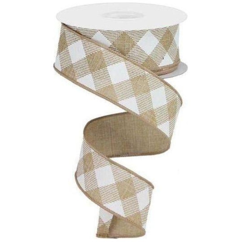 1.5″ Diagonal Check On Royal Ribbon: Tan & White (10 Yards)