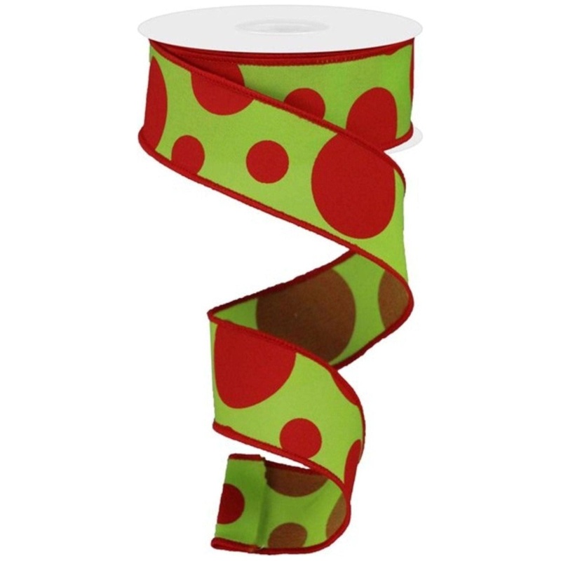 1.5″ Giant Three Size Polka Dot Ribbon: Lime Green & Red (10 Yards)
