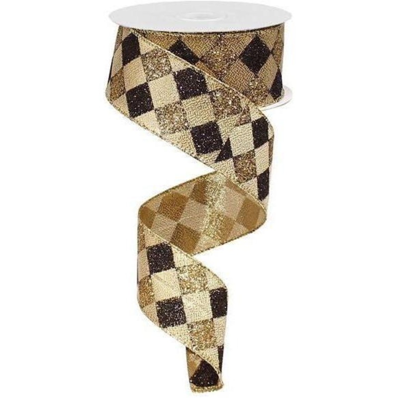 1.5″ Glitter Diamond Check Ribbon: Black & Gold (10 Yards)