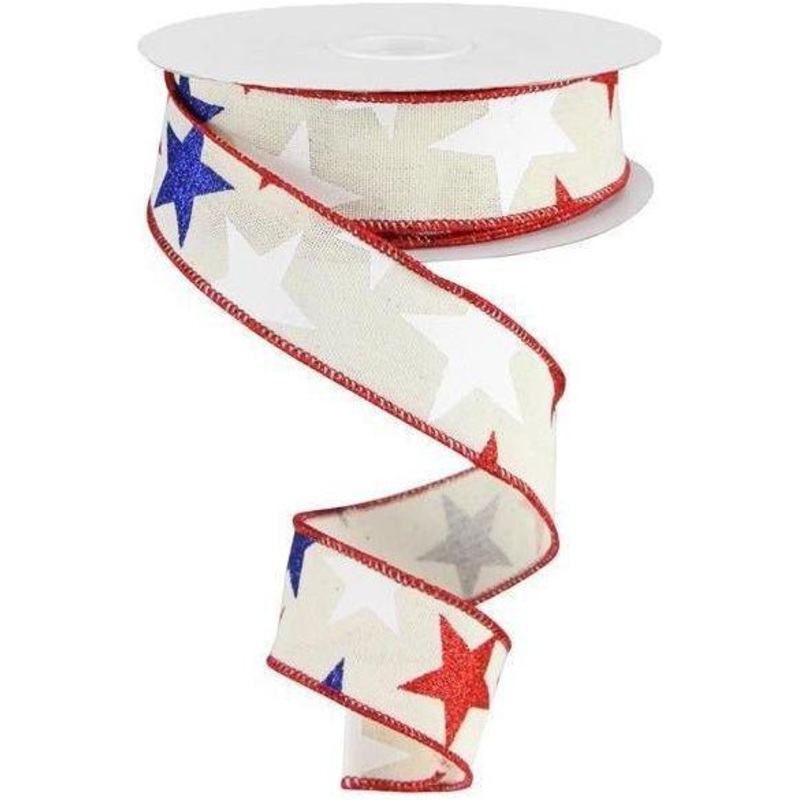 1.5″ Ivory Cotton Ribbon: Patriotic Stars (10 Yards)
