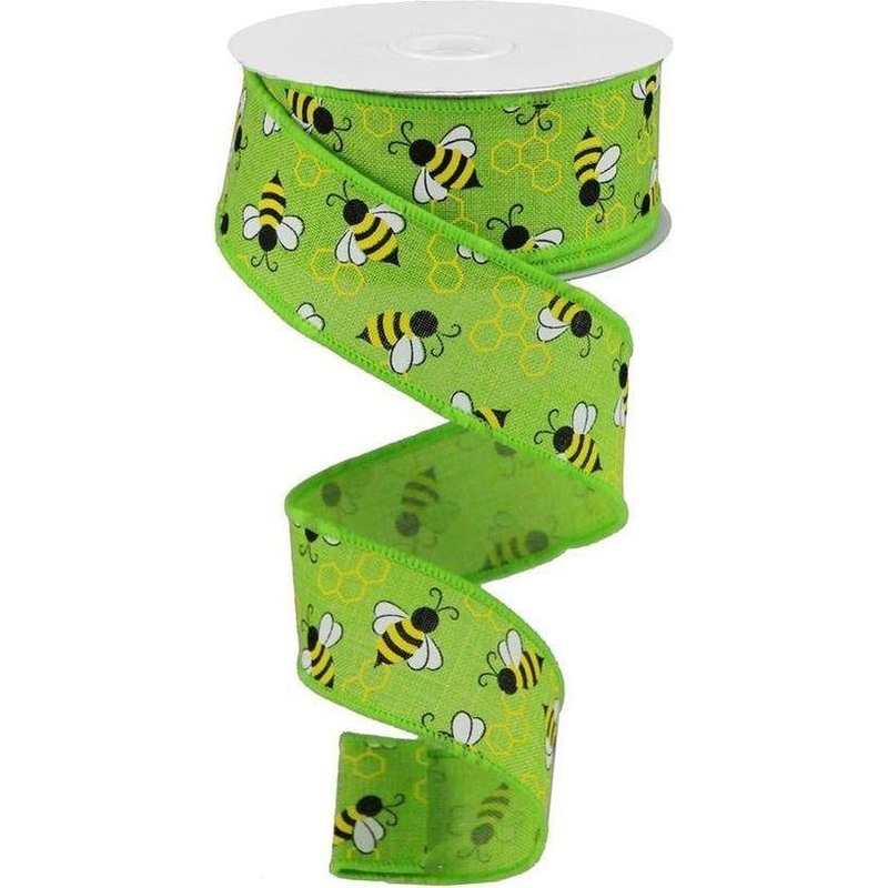 1.5″ Mini Bumblebees on Royal Ribbon: Lime Green (10 Yards)