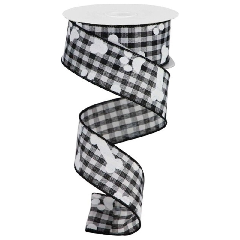 1.5″ Paw Print Bone Check Ribbon: Black/White (10 Yards)