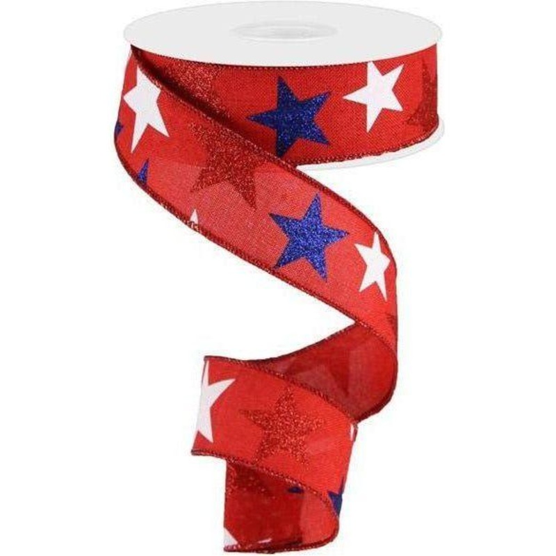 1.5″ Red Royal Canvas Ribbon: Patriotic Stars (10 Yards)