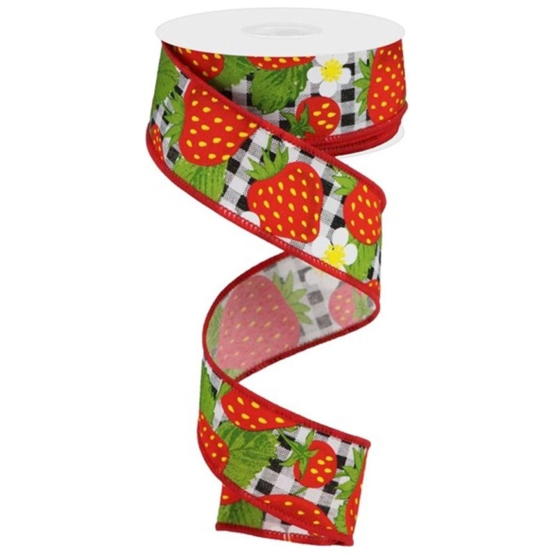 1.5″ Strawberries on Check Ribbon: Black & White (10 Yards)