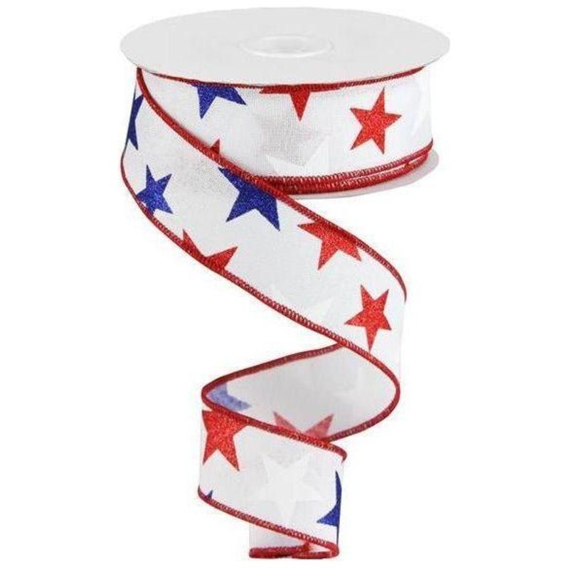 1.5″ White Royal Canvas Ribbon: Patriotic Stars (10 Yards)