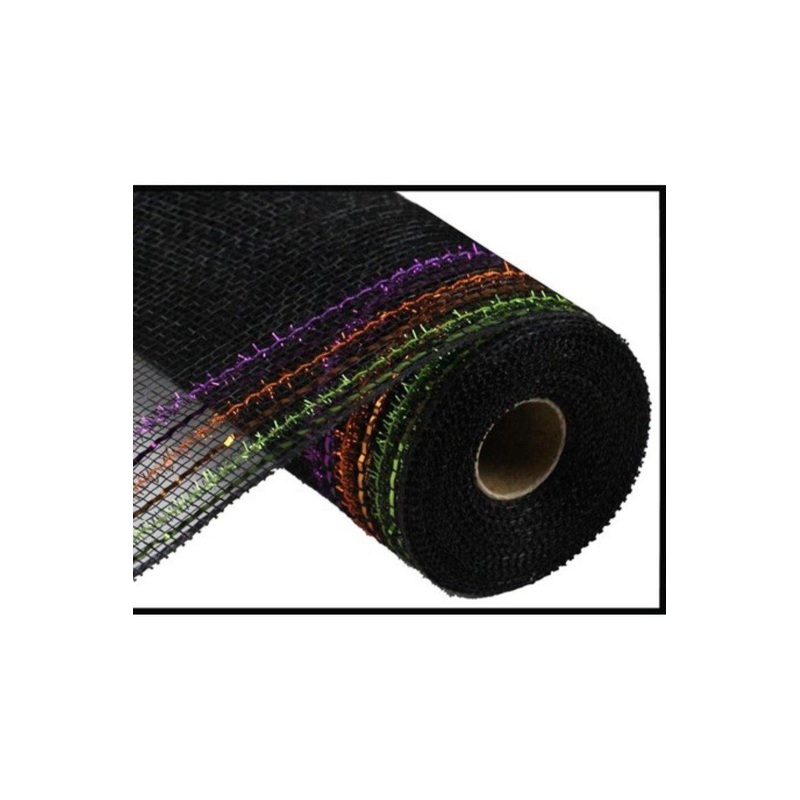 10.5″ Border Stripe Tinsel Mesh Ribbon: Orange/Purple/Lime (10 Yards)