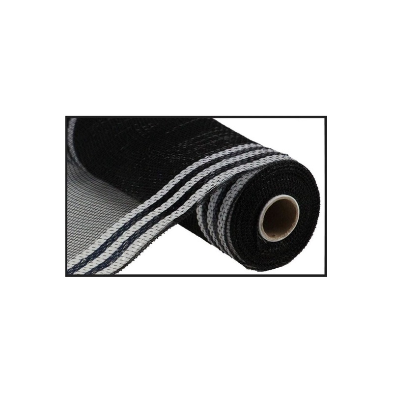 10″ Border Stripe Metallic Mesh Ribbon: Black/White (10 Yards)