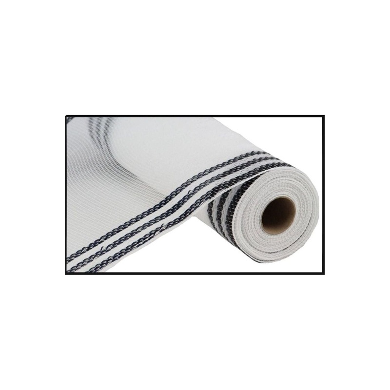 10″ Border Stripe Metallic Mesh Ribbon: White/Black (10 Yards)