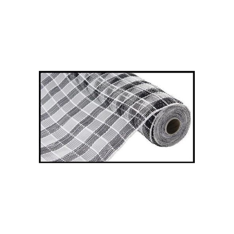 10″ Metallic Check Mesh Ribbon: Black & White Plaid (10 Yards)