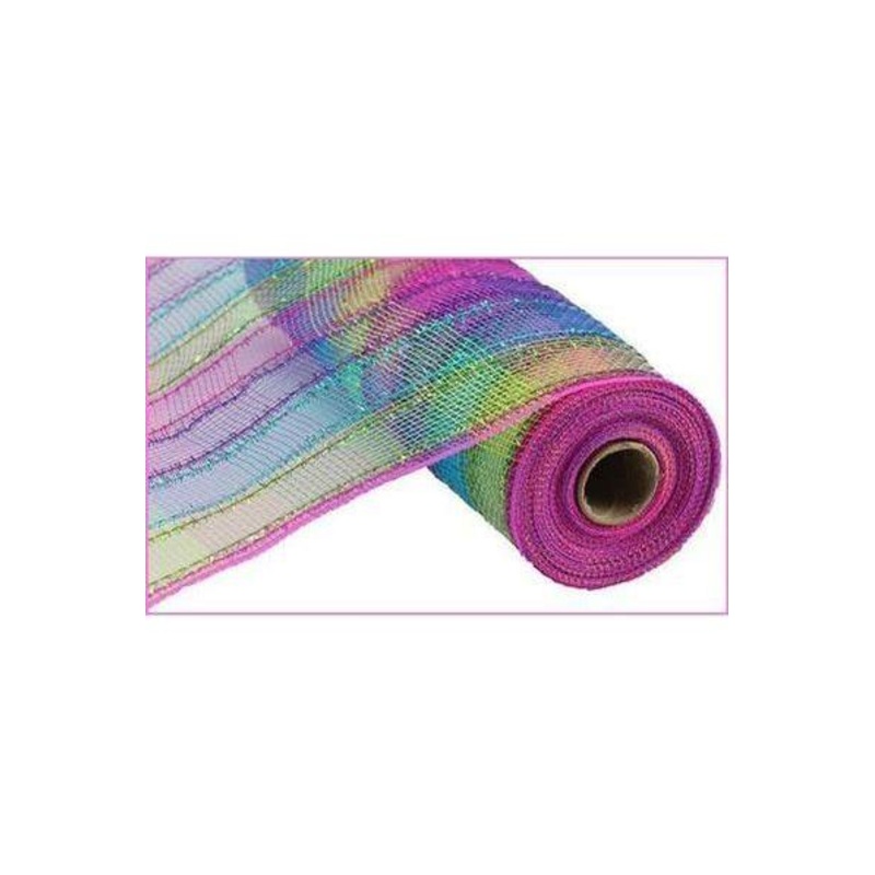 10″ Poly Deco Tinsel Mesh Ribbon: Fuchsia, Purple, Lime, Turquoise Check (10 Yards)
