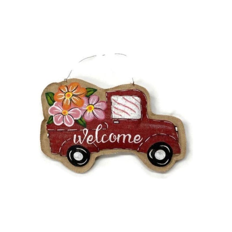 13″ Floral Burlap Welcome Door Hanger: Red