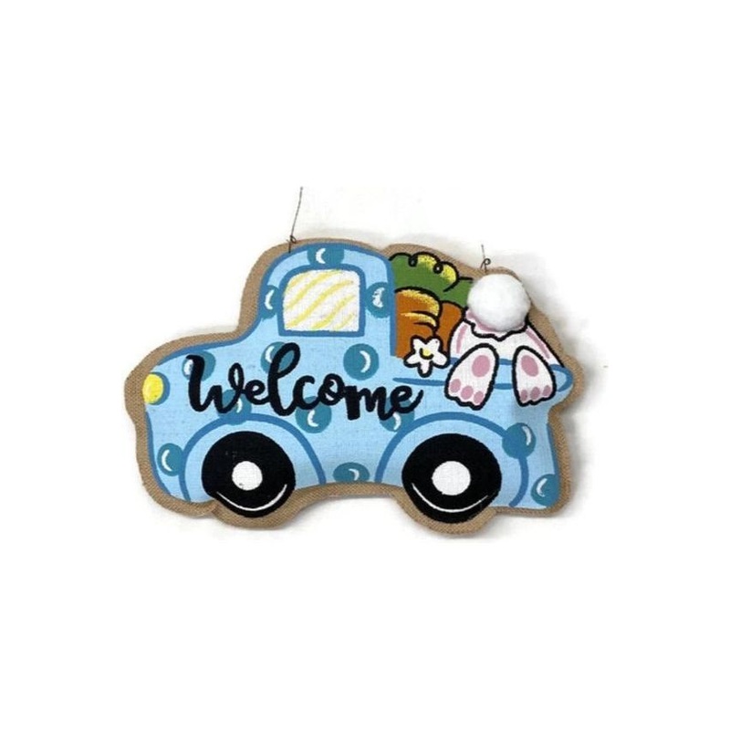 18″ Welcome Burlap Easter Door Hanger: Blue