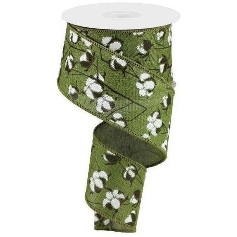 2.5″ Cotton Pod Ribbon: Moss Green & White (10 Yards)