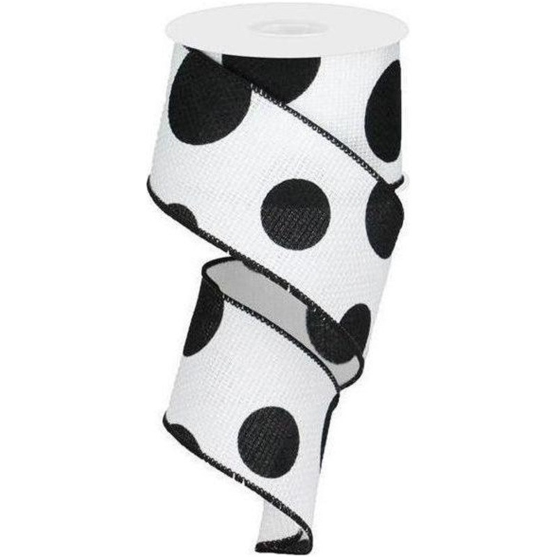 2.5″ Faux Burlap Giant Polka Dot Ribbon: White & Black (10 Yards)