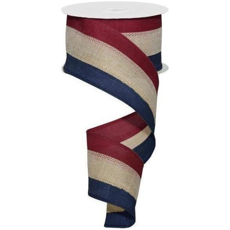 2.5″ Faux Burlap Striped Ribbon: Burgundy, Beige, Navy (10 Yards)