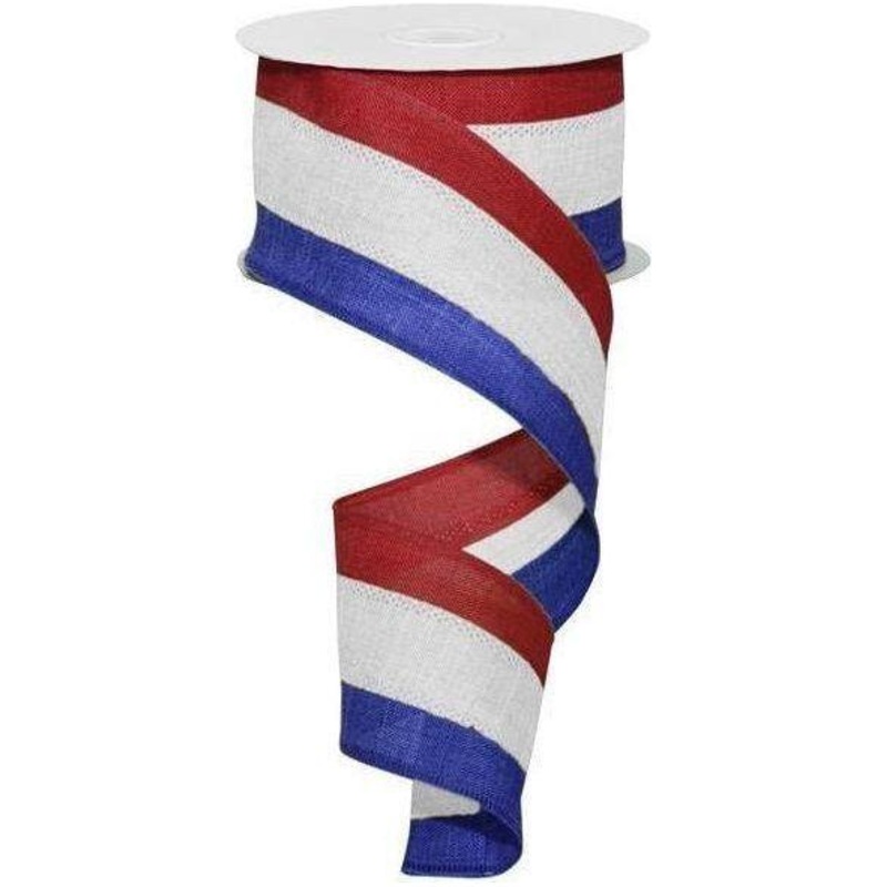 2.5″ Faux Burlap Striped Ribbon: Red, White, Blue (10 Yards)