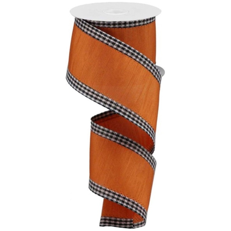 2.5″ Faux Dupioni Gingham Edge Ribbon: Pumpkin Orange (10 Yards)