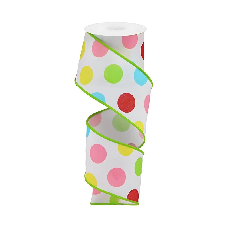 2.5″ Multi Polka Dots on Royal Ribbon: White/Green (10 Yards)
