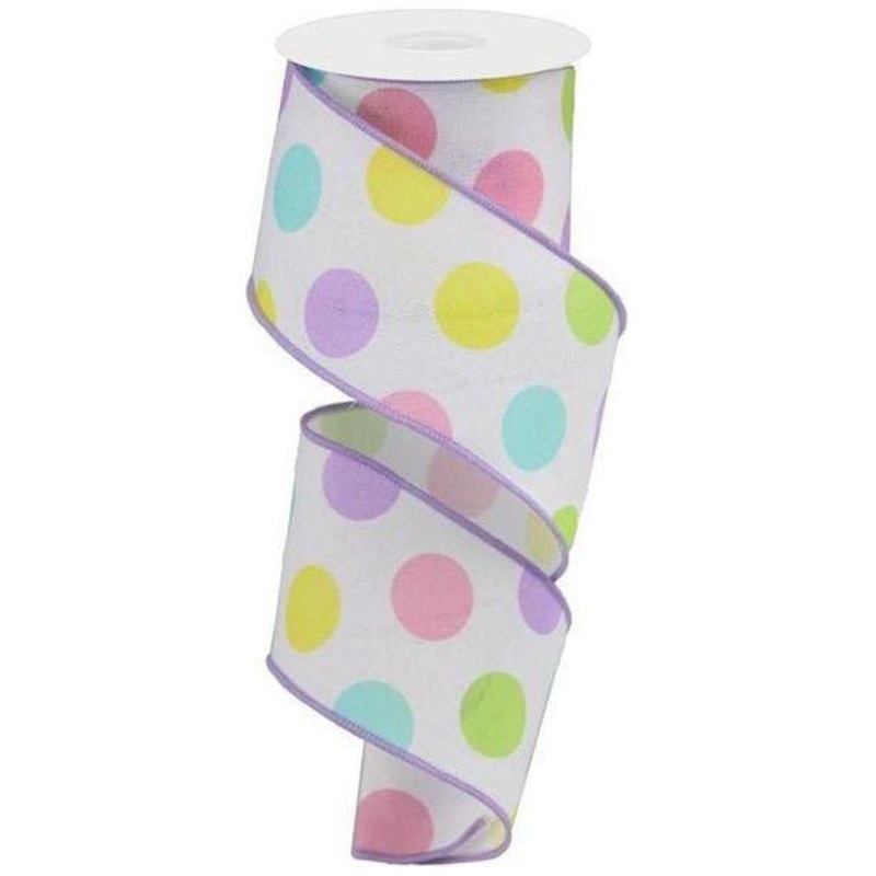 2.5″ Multi Polka Dots on Royal Ribbon: White/Lavender (10 Yards)