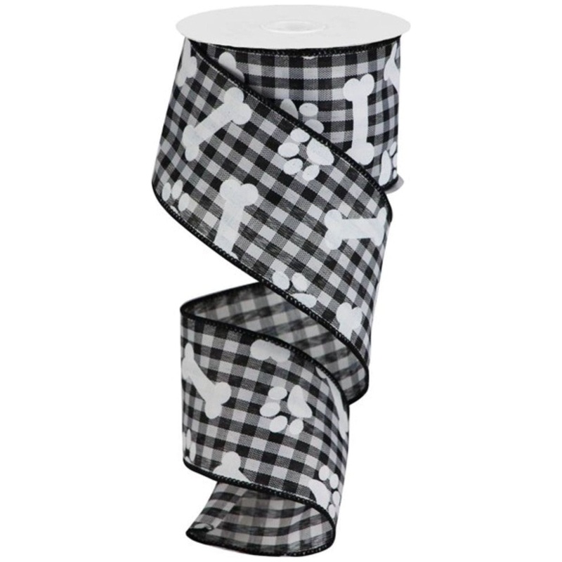 2.5″ Paw Print Bone Check Ribbon: Black/White (10 Yards)
