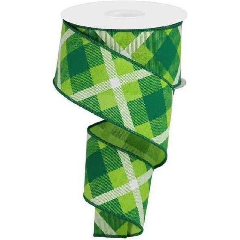 2.5″ Printed Plaid Ribbon: Lime Green, Green, White (10 Yards)
